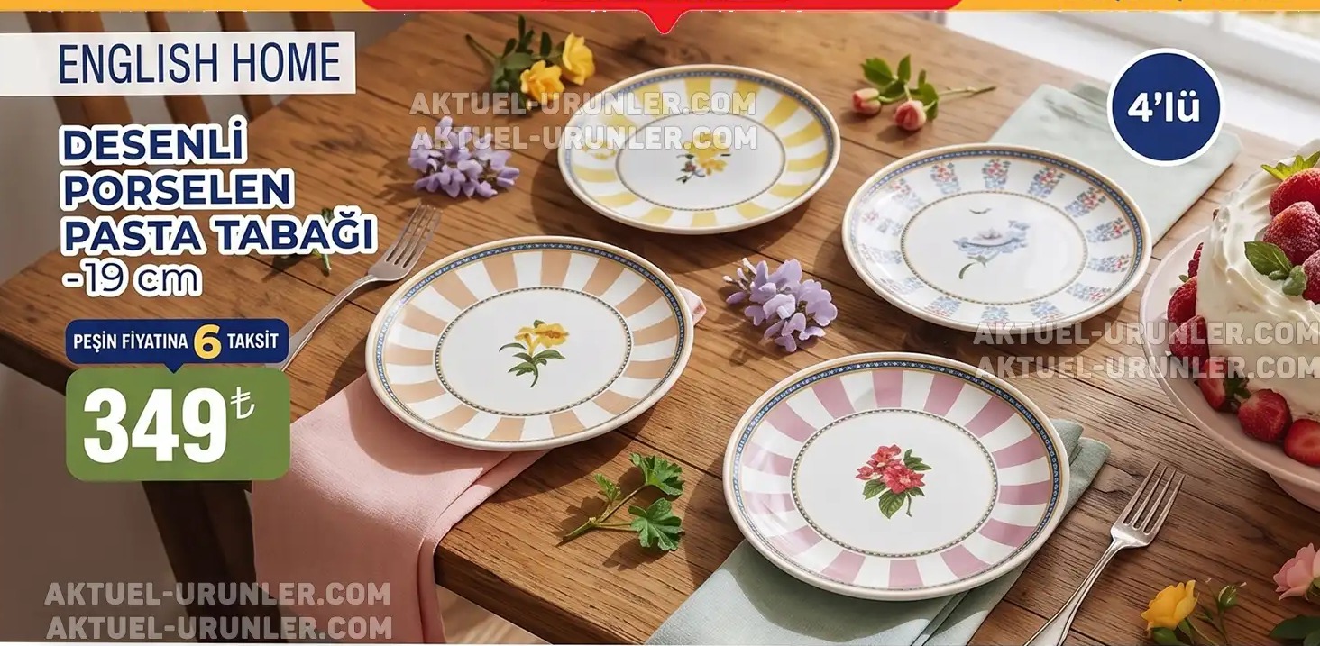 Desenli Porselen Pasta Tabağı ~19 Cm (4'Lü)