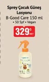 Sprey Çocuk Güneş Losyonu B-Good Care 50 Spf Vegan 150Ml