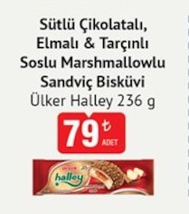 Sütlü Çikolatalı, Elmalı & Tarçınlı Soslu Marshmallowlu Sandviç Bisküvi Ülker Halley 236 G