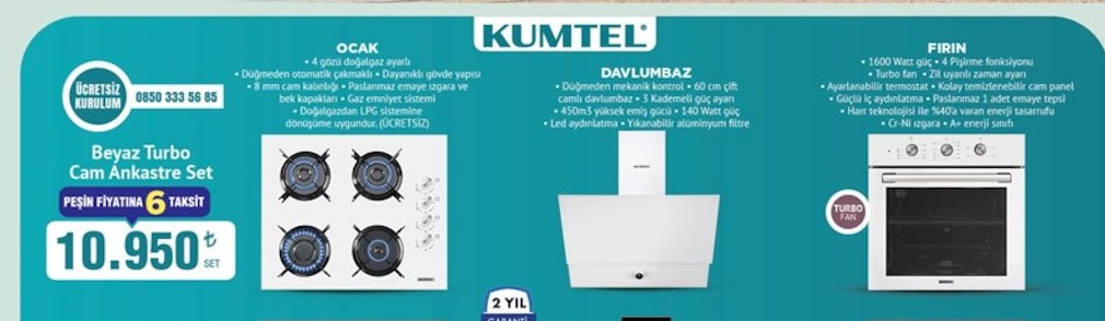 Kumtel Beyaz Turbo Cam Ankastre Set