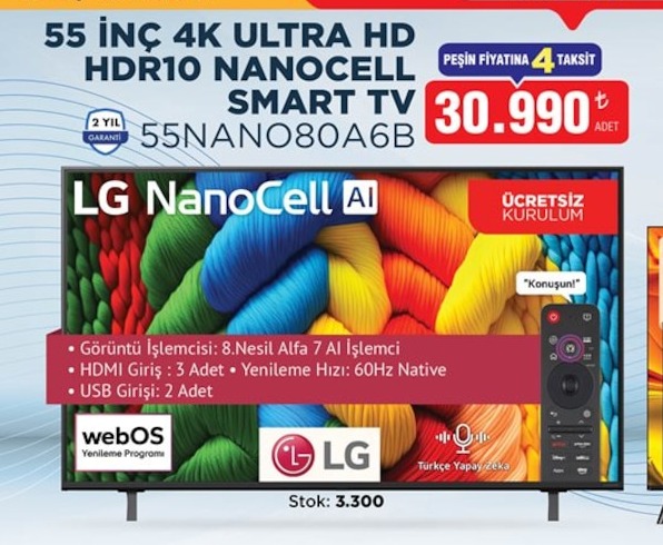 Lg 55 İnç 4K Ultra Hd Hdr10 Nanocell Smart Tv 55Nano80A6B Adet