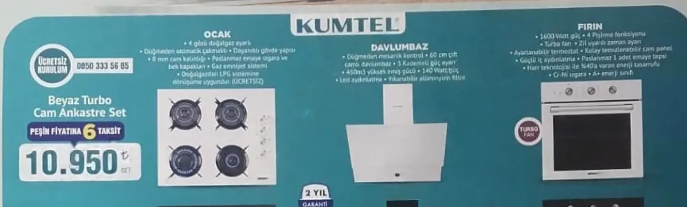 Kumtel Beyaz Turbo Cam Ankastre Set Ocak Davlumbaz Fırın
