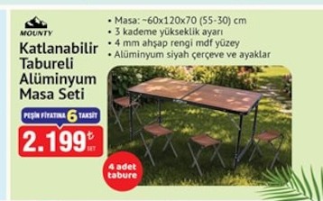 Mounty Katlanabilir Tabureli Alüminyum Masa Seti 4 Kişilik