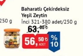 Baharatli Cekirdeksiz Yesil Zeytin Inci 321-380 Adet/250 G