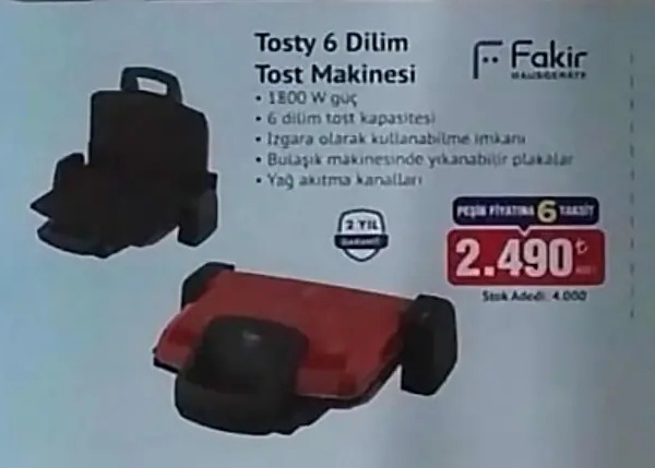 Fakir Tosty 6 Dilim Tost Makinesi