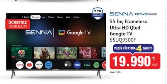 Senna Onvo 55 İnç Frameless Ultra Hd Qled Google Tv 55Uq9500F
