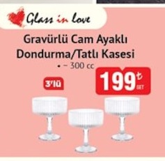 Gravürlü Cam Ayaklı Dondurma/Tatlı Kasesi 3 Adet