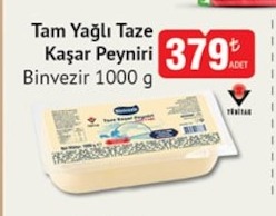 Tam Yağlı Taze Kaşar Peyniri Binvezir 1000 G