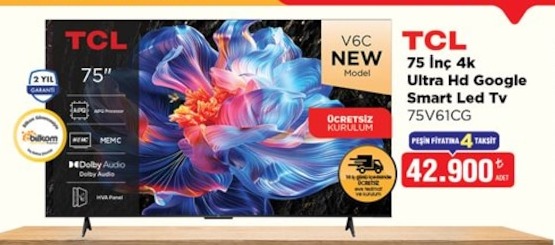 Tcl 75 Inç 4K Ultra Hd Google Smart Led Tv 75V61Cg