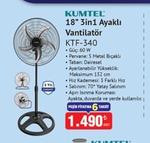 Kumtel 18" 3In1 Ayaklı Vantilatör Ktf-340