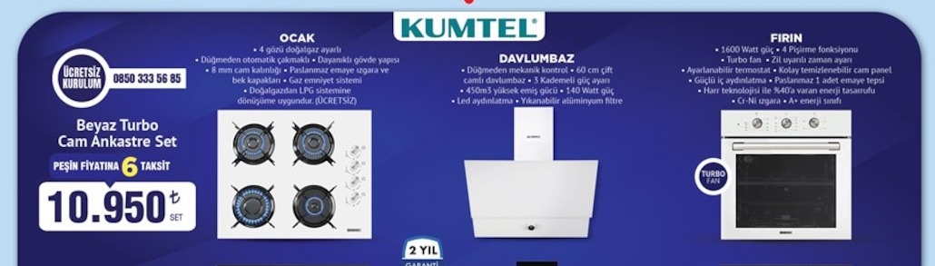Kumtel Beyaz Turbo Cam Ankastre Set 6 Parça