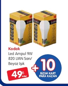 Kodak Led Ampul 9W 820 Lmn Sari/Beyaz Isik