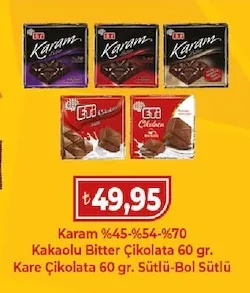 Eti Karam %45-%54-%70 Kakaolu Bitter Çikolata 60 Gr Kare Çikolata 60 Gr Sütlü-Bol Sütlü