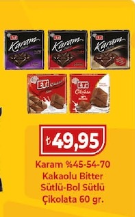 Karam %45-54-70 Kakaolu Bitter Sütlü-Bol Sütlü Çikolata 60 Gr.