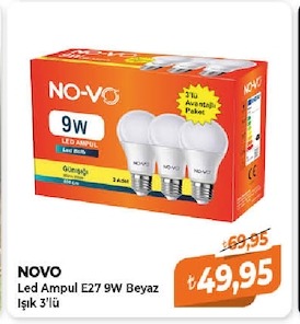 Novo Led Ampul E27 9W Beyaz Işık 3'Lü