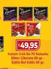 Karam %45-54-70 Kakaolu Bitter Çikolata 60Gr. - Sütlü-Bol Sütlü 60Gr.