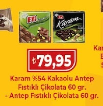 Karam %54 Kakaolu Antep Fıstıklı Çikolata 60 Gr. - Antep Fıstıklı Çikolata 60 Gr.