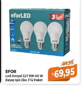 Efor Led Ampul E27 9W-60 W Beyaz Işık Eko 3'Lü Paket