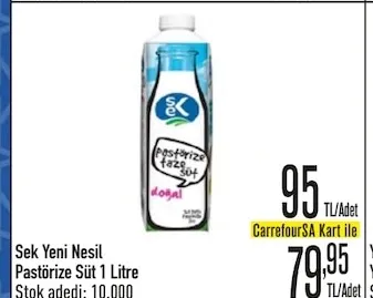 Sek Yeni Nesil Pastörize Süt 1 Litre