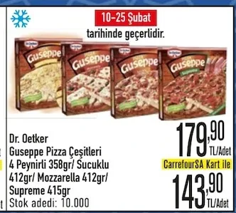 Dr. Oetker Guseppe Pizza Çeşitleri 4 Peynirli 358Gr/ Sucuklu 412Gr/ Mozzarella 412Gr/ Supreme 415Gr