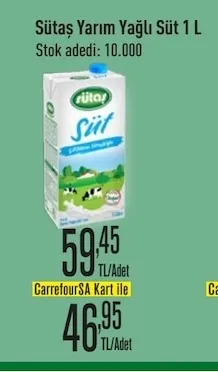Sütaş Yarım Yağlı Süt 1 L