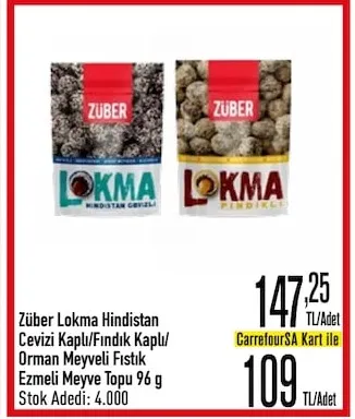 Züber Lokma Hindistan Cevizi Kaplı/Fındık Kaplı/ Orman Meyveli Fıstık Ezmeli Meyve Topu 96 G