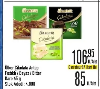 Ülker Çikolata Antep Fıstıklı / Beyaz / Bitter Kare 65 G