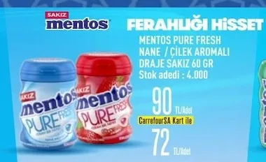 Mentos Pure Fresh Nane / Çilek Aromalı Draje Sakız 60 Gr