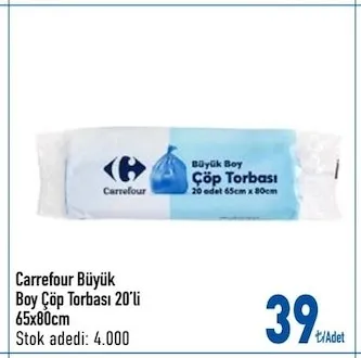 Carrefour Büyük Boy Çöp Torbası 20'Li 65X80Cm