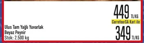 Ulus Tam Yağlı Yuvarlak Beyaz Peynir Stok: 2.500 Kg