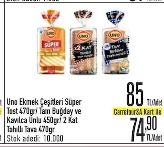 Uno Ekmek Çeşitleri Süper Tost 470Gr/ Tam Buğday Ve Kavılca Unlu 450Gr/ 2 Kat Tahıllı Tava 470Gr