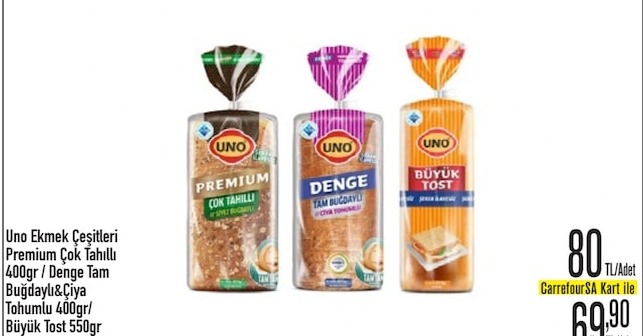 Uno Ekmek Çeşitleri Premium Çok Tahıllı 400Gr / Denge Tam Buğdaylı&Çiya Tohumlu 400Gr/ Büyük Tost 550Gr