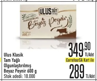Ulus Klasik Tam Yağlı Olgunlaştırılmış Beyaz Peynir 600 G