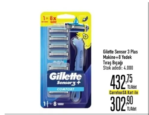 Gilette Sensor 3 Plus Makine+8 Yedek Tıraş Bıçağı
