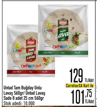 Untad Tam Buğday Unlu Lavaş 560Gr