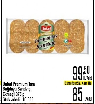 Untad Premium Tam Buğdaylı Sandviç Ekmeği 375 G