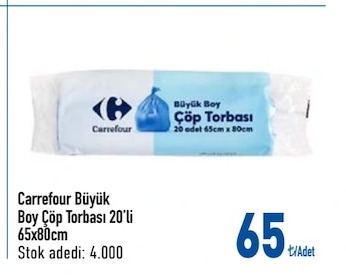 Carrefour Büyük Boy Çöp Torbası 20'Li 65X80Cm