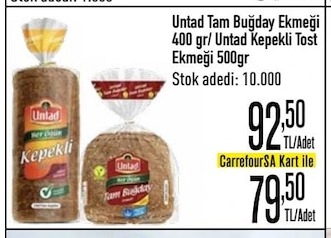 Untad Tam Buğday Ekmeği 400Gr / Untad Kepekli Tost Ekmeği 500Gr