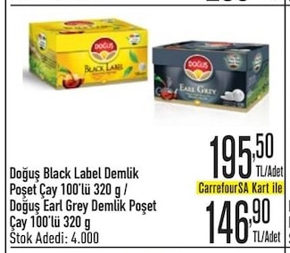 Doğuş Black Label Demlik Poşet Çay 100'Lü 320 G / Doğuş Earl Grey Demlik Poşet Çay 100'Lü 320 G