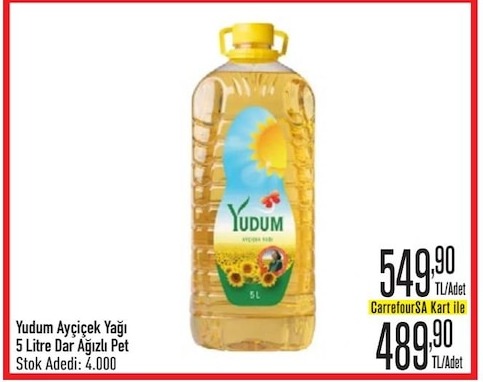 Yudum Ayçiçek Yağı 5 Litre Dar Ağızlı Pet