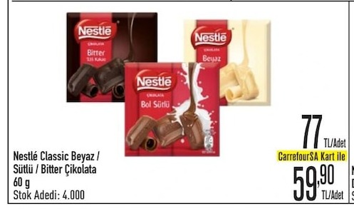 Nestlé Classic Beyaz / Sütlü / Bitter Çikolata 60G