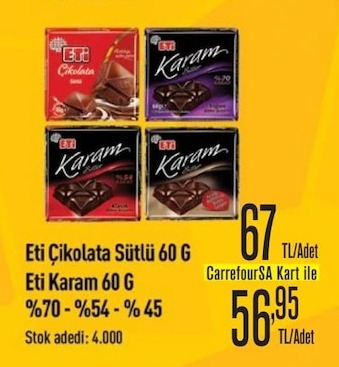 Eti Çikolata Sütlü 60 G / Eti Karam Bitter 60 G (%70 - %54 - %45)