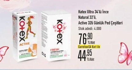 Kotex Ultra 34'Lü İnce Natural 32'Li, Active 32'Li Günlük Ped Çeşitleri