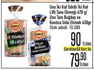 Uno İki Kat Tahıllı İki Kat Lifli Tava Ekmeği 470G Ve Uno Tam Buğday Ve Kavılca Unlu Ekmek 450Gr
