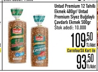 Untad Premium İkı 12 Tahıllı Ekmek 480Gr/Únıtad Premium Siyaz Buğdaylı Çavdarlı Ekmek 500Gr