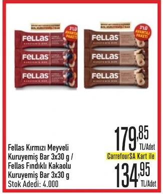Fellas Kırmızı Meyveli Kuruyemiş Bar 3X30G / Fellas Fındıklı Kakaolu Kuruyemiş Bar 3X30G