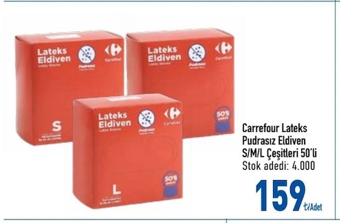 Carrefour Lateks Pudrasız Eldiven S/M/L Çeşitleri 50'Li