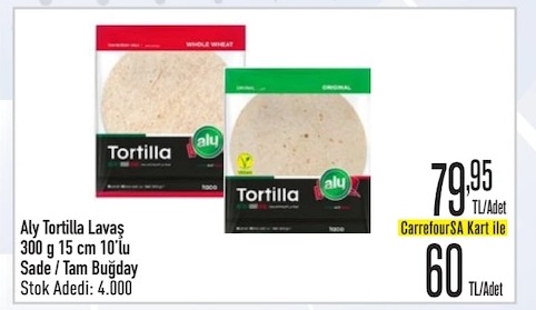 Aly Tortilla Lavaş 300 G 15 Cm 10'Lu Sade / Tam Buğday