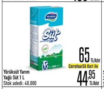 Yörüksüt Yarım Yağlı Süt 1 L