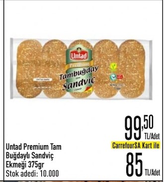 Untad Premium Tam Buğdaylı Sandviç Ekmeği 375Gr